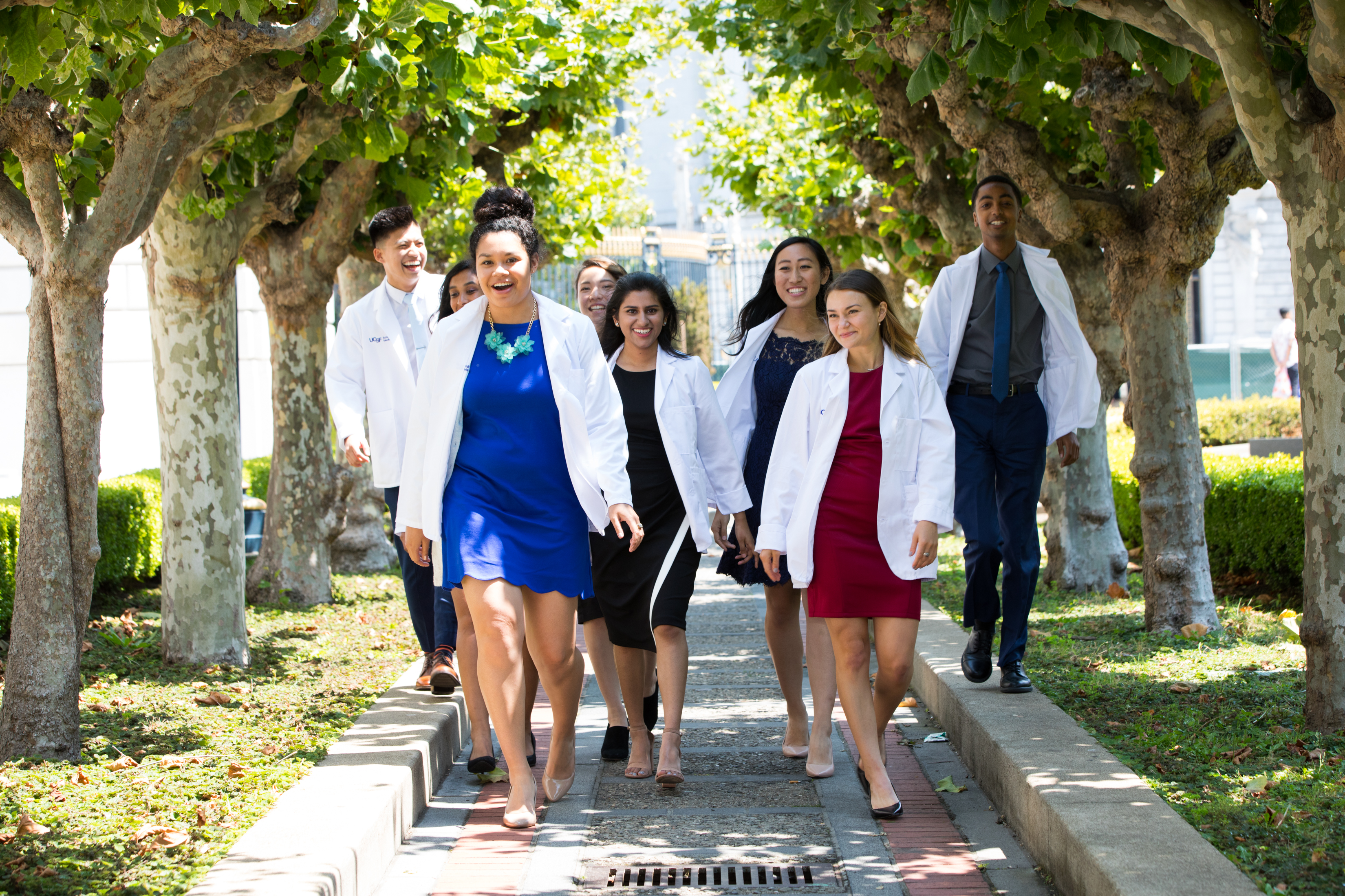UCSF students walking towards the camera