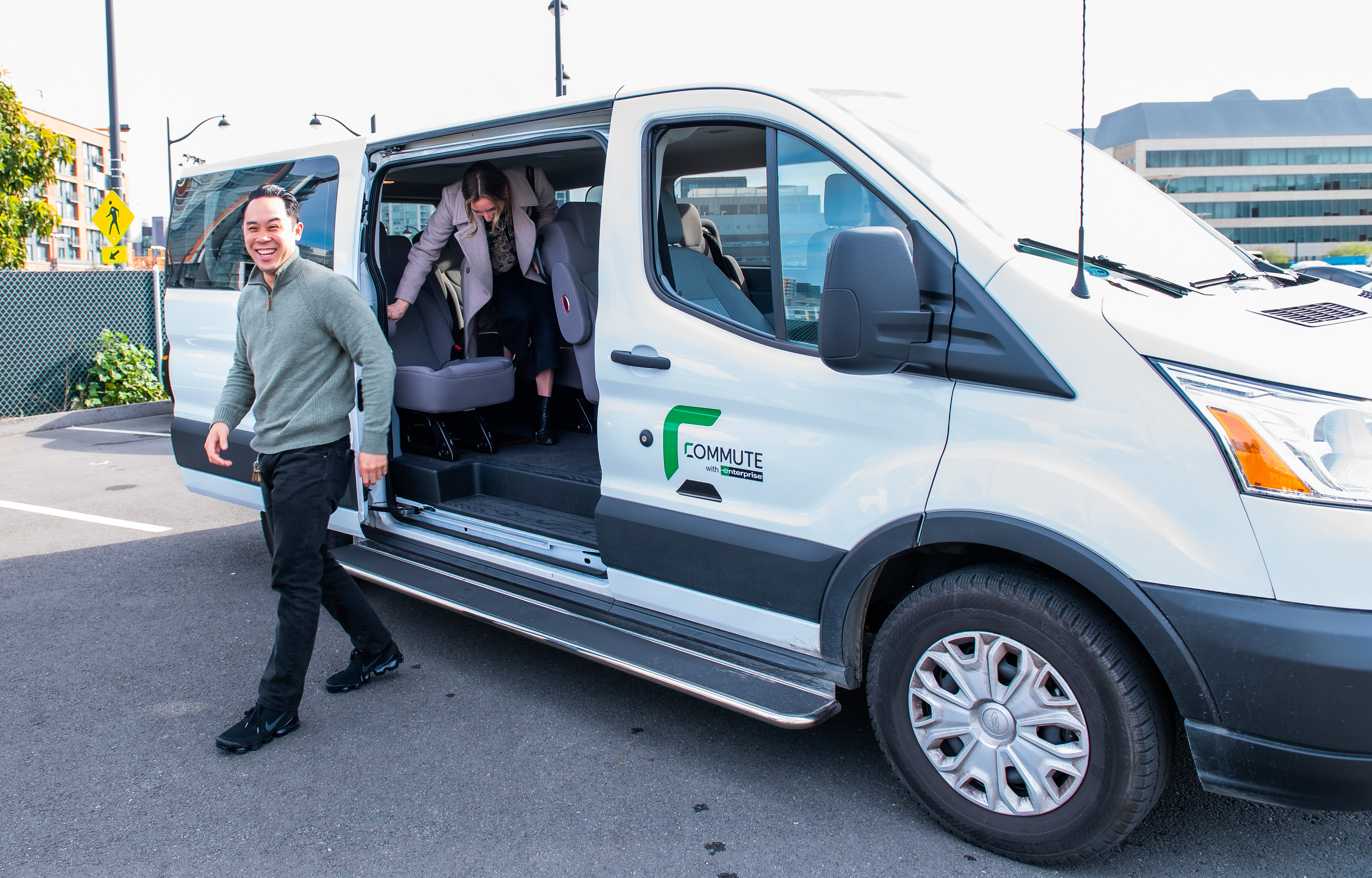 vanpool participant walks out