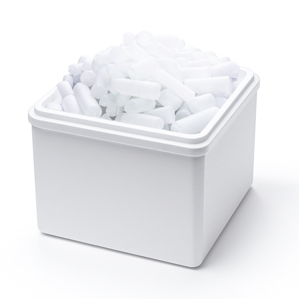 A plastic container of dry ice