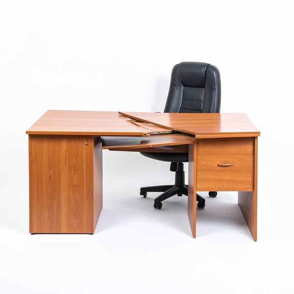 A broken work desk and chair