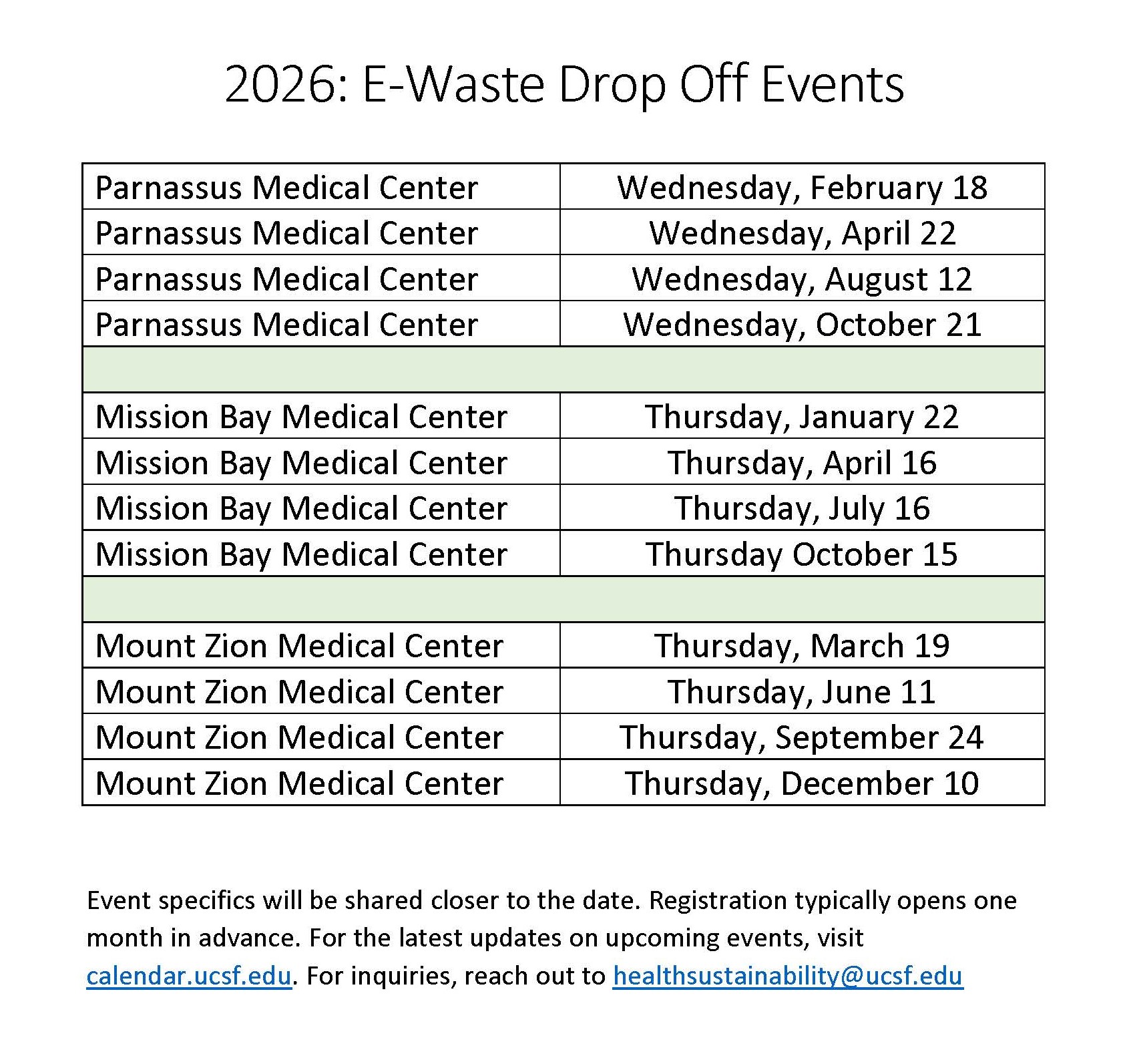 2026 E-Waste Drop-Off Events Calendar. Parnassus Medical Center: Wednesday, February 18, April 22, August 12, October 21. Mission Bay Medical Center: Thursday January 22, April 16, July 16, October 15, Mount Zion Medical Center: Thursday March 19, June 11, September 24, December 10. Event specifics will be shared closer to the date. Registration typically opens one month in advance. For the latest updates on upcoming events, visit calendar.ucsf.edu. For inquiries, reach out to healthsustainability@ucsf.edu.