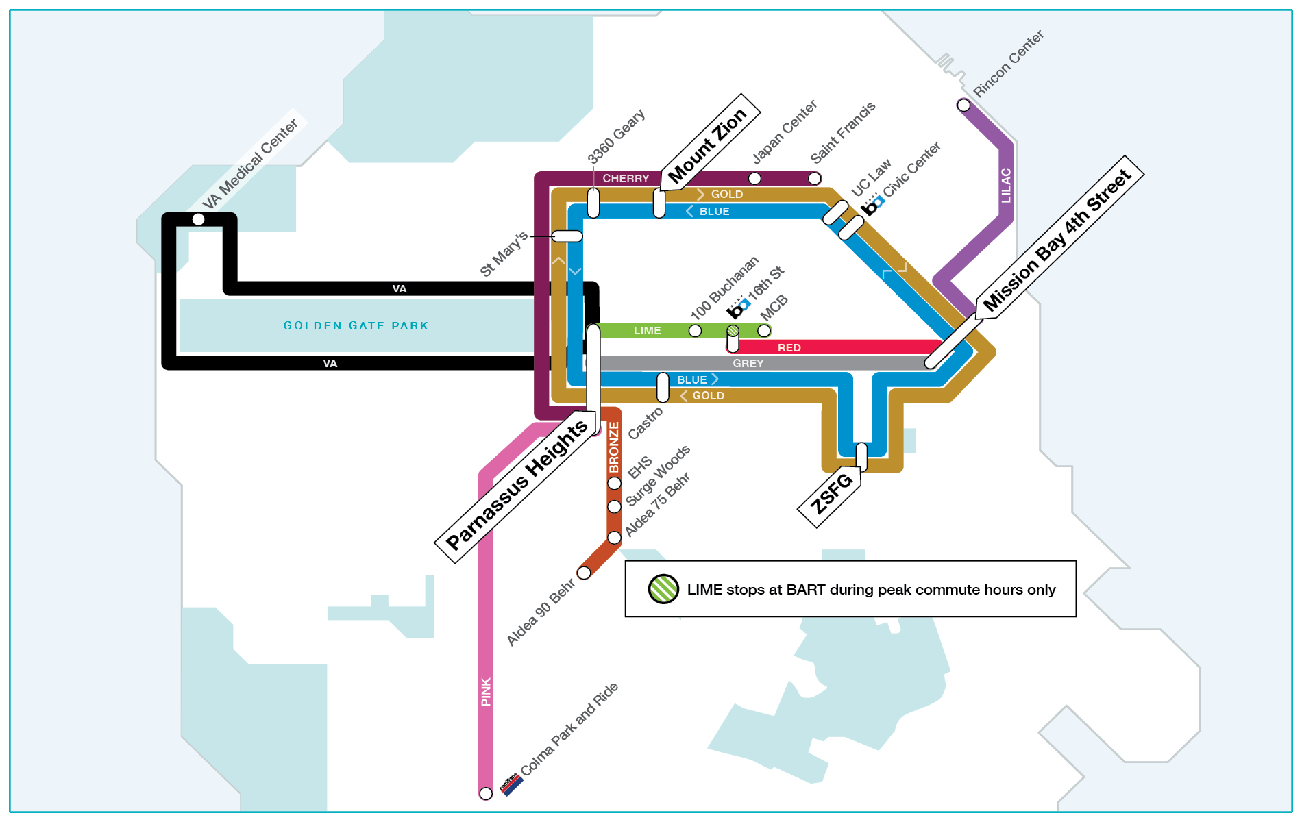 Map of UCSF's shuttle routes
