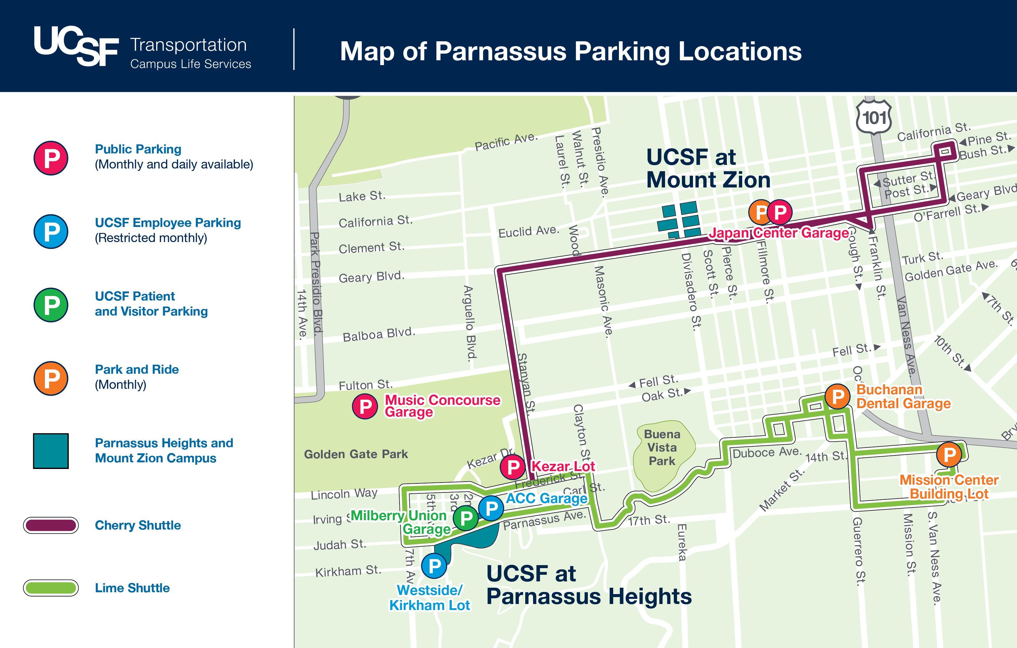 Map showing parking around UCSF Parnassus Heights campus.