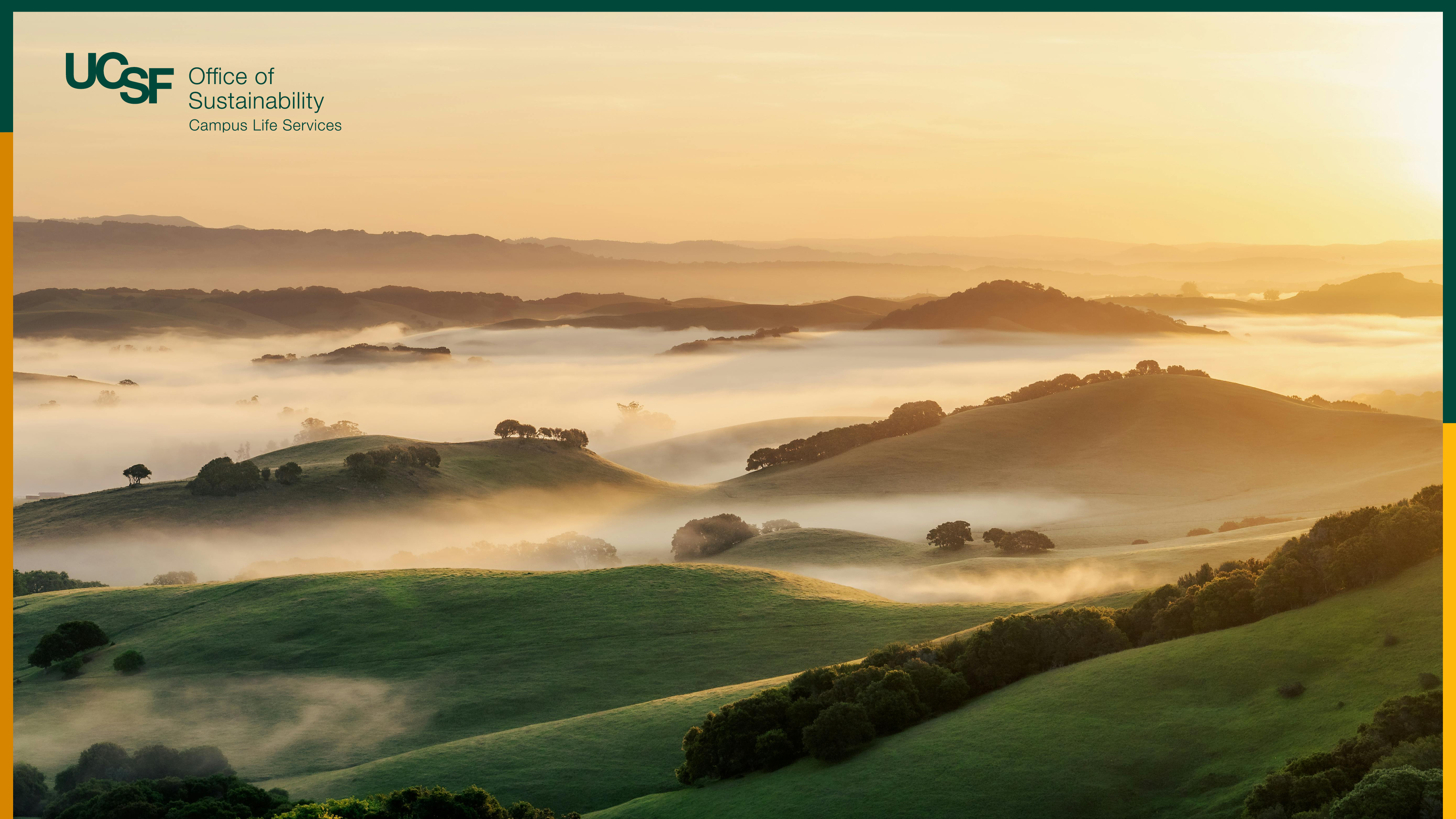 Fog passes over rolling green hills, warm yellow light fills the sky