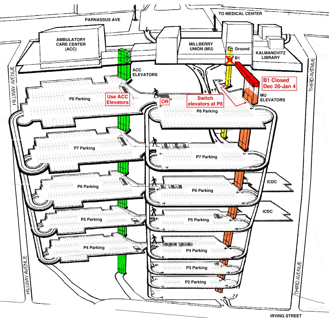 Map of elevators showing alternate route