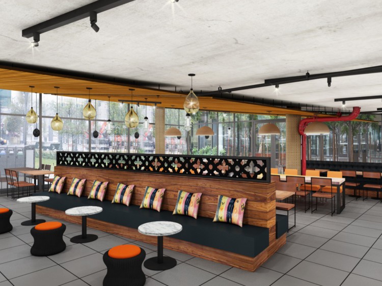 Dining room with bench seats.