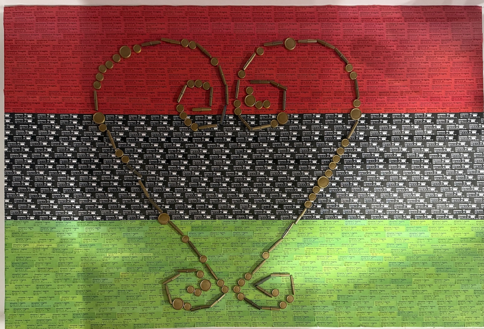 A heart against a pattern of blue, red and grey