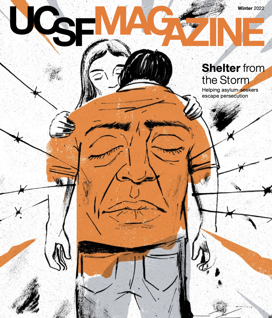 A magazine cover depicting a woman holding a man with the caption, "shelter from the storm"