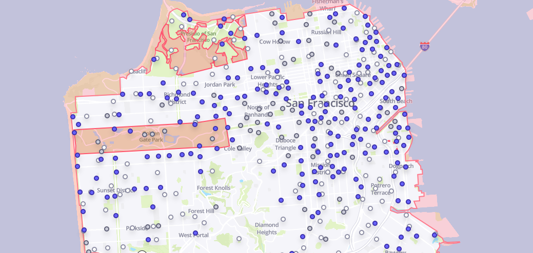 SF map with dots noting Bay Wheel docking stations