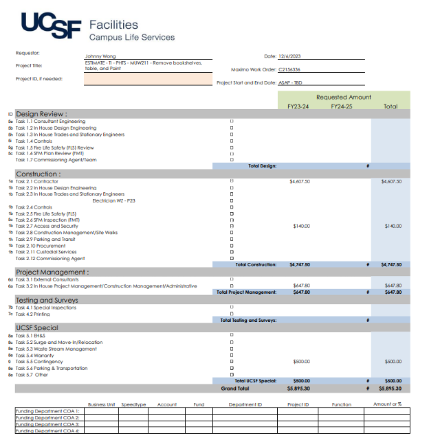 Tenant Improvement Sample Budget Document