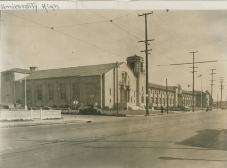 Wide shot of University High School exterior