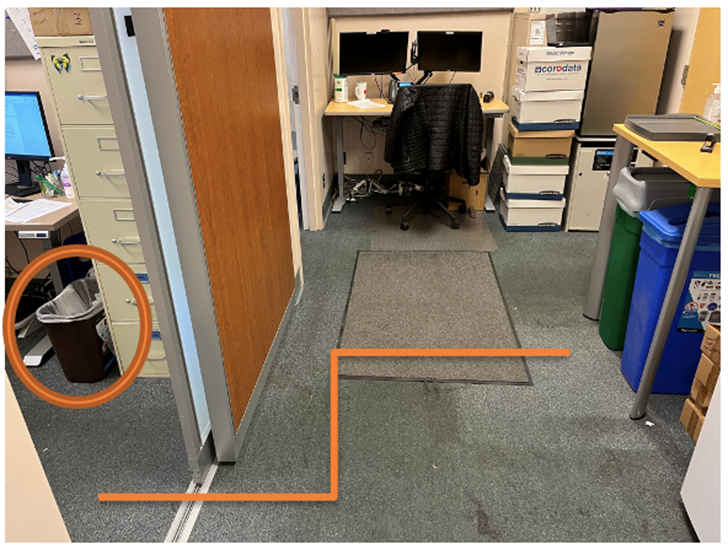 Example of a small deskside bin that should be removed. Instead, the employee should use the waste station.