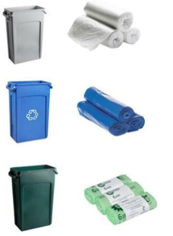 landfill, recycling, and compost bins and liners