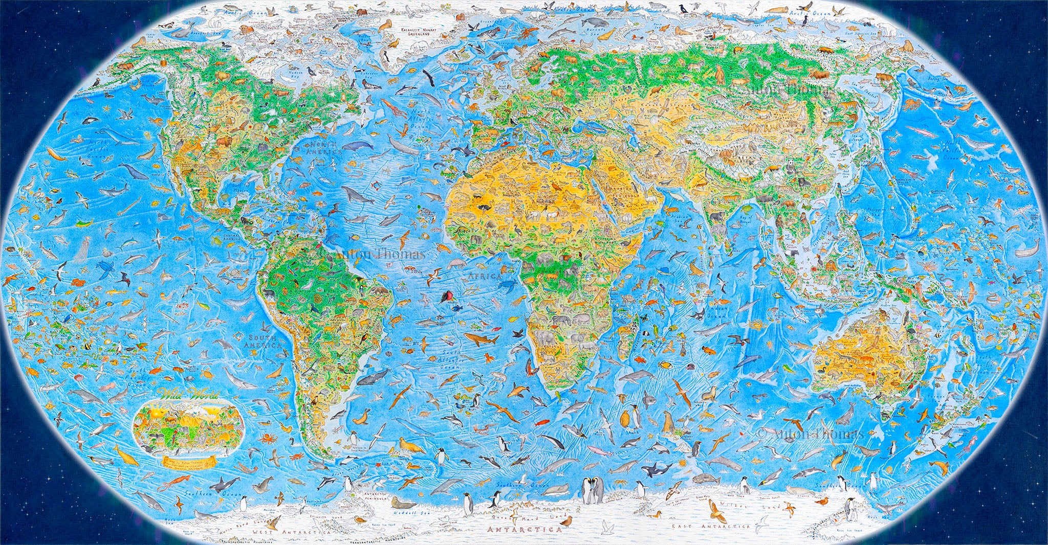 A map of the world with animals drawn on top