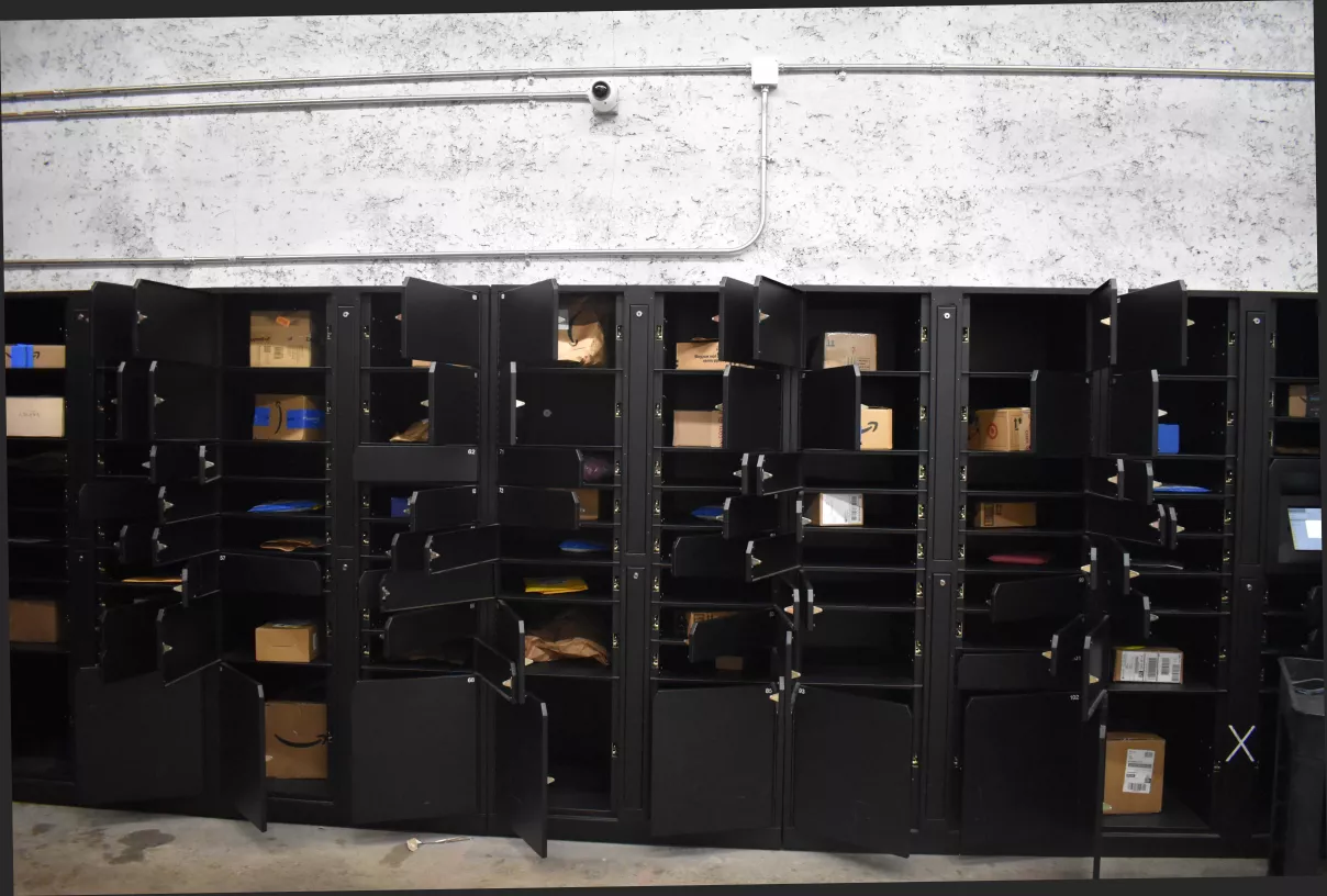Lockers with all doors open.